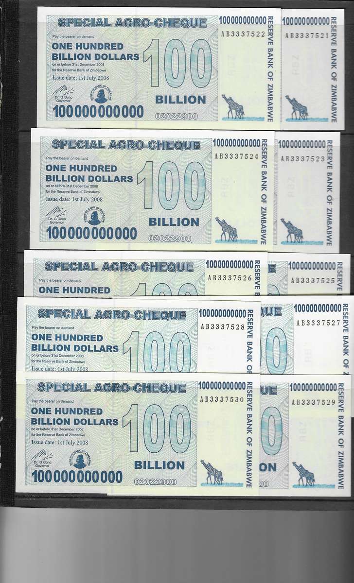 (Item 00942) Zimbabwe 10 x 100 Billion Dollar Bank Notes