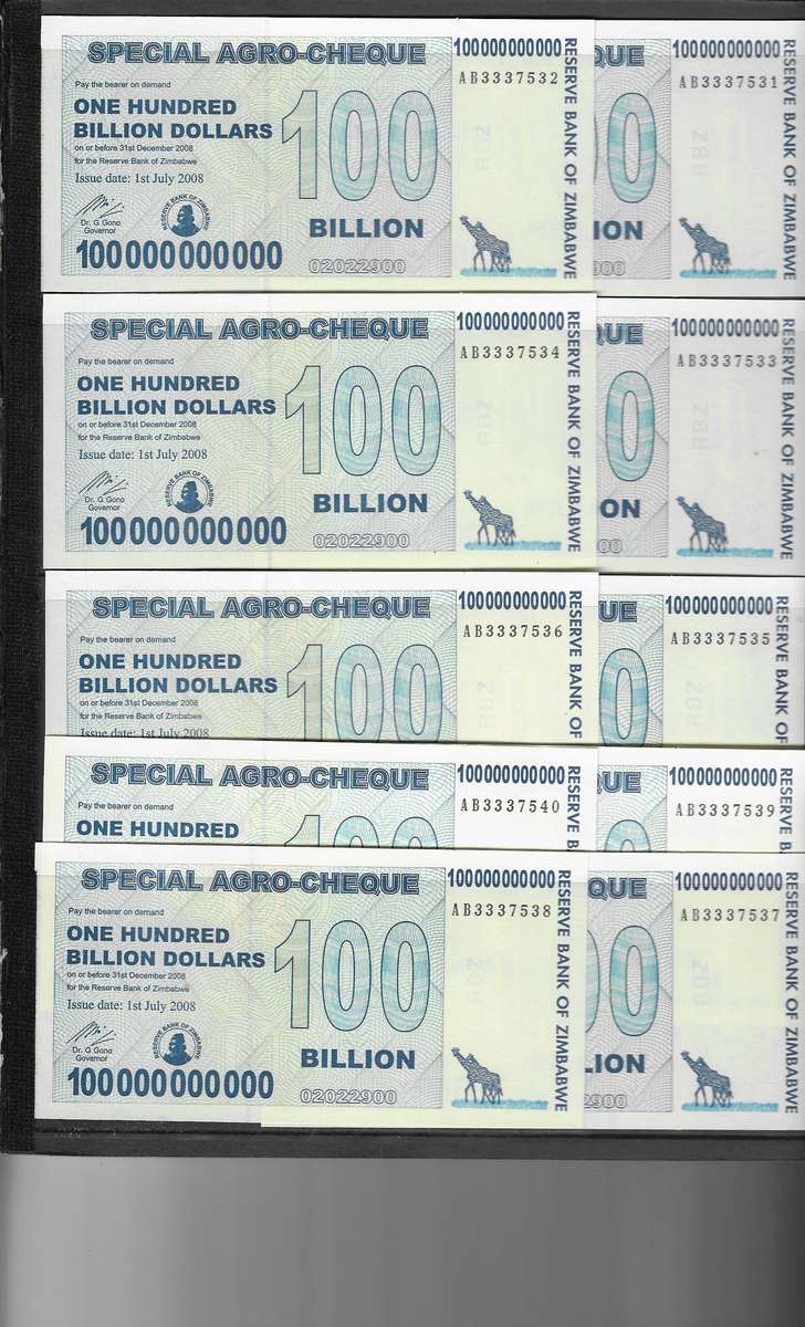 (Item 00943) Zimbabwe 10 x 100 Billion Dollar Banknotes