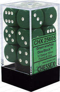 Chessex Opaque Green w/White Set of 12 d6 Dice (CHX25605)