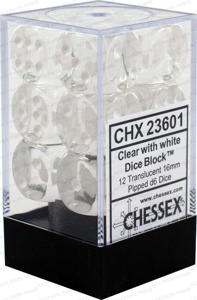 Chessex Translucent Clear w/White Set of 12 d6 Dice (CHX23601)