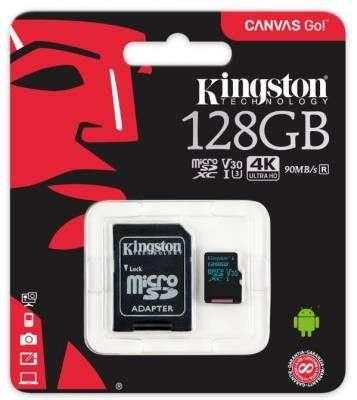 Kingston Canvas Go 128GB microSDHC 90R/45W U3 UHS-I V30 Card + SD Adapter - Kingston
