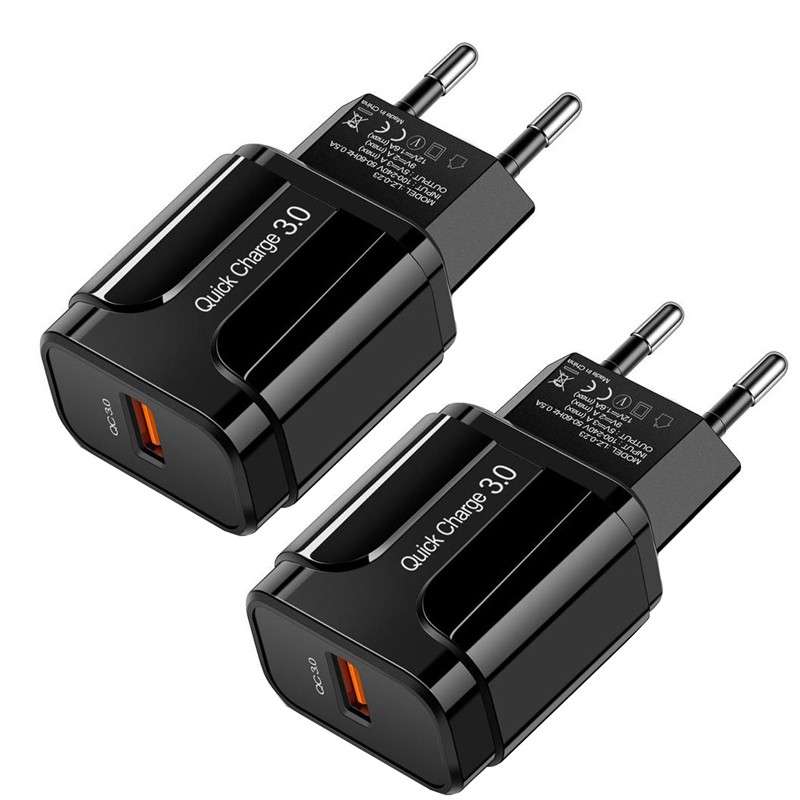 Universal USB Mobile Phone AC Wall Charger Plug Adapter 18W Quick Charge QC 3.0 - Black (2 Pack) -