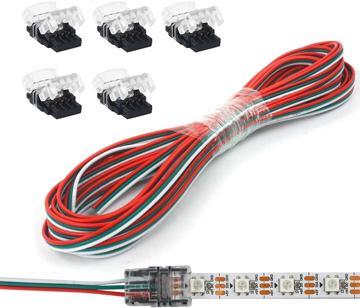 5 Pack 3 Pin 10mm Led Strip Light Connectors with 5M Extension Cable
