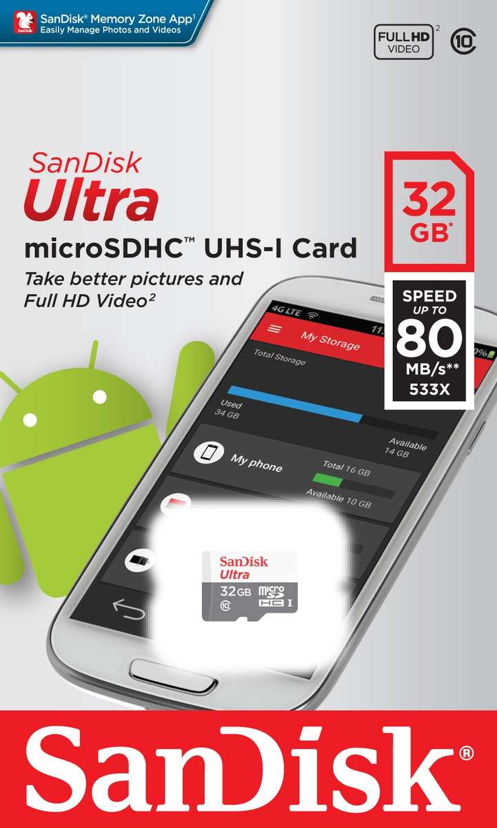 SanDisk SDSQUNS-032G-GN3MN 32GB 80MB/s UHS-I Class 10 microSDHC Card - SanDisk