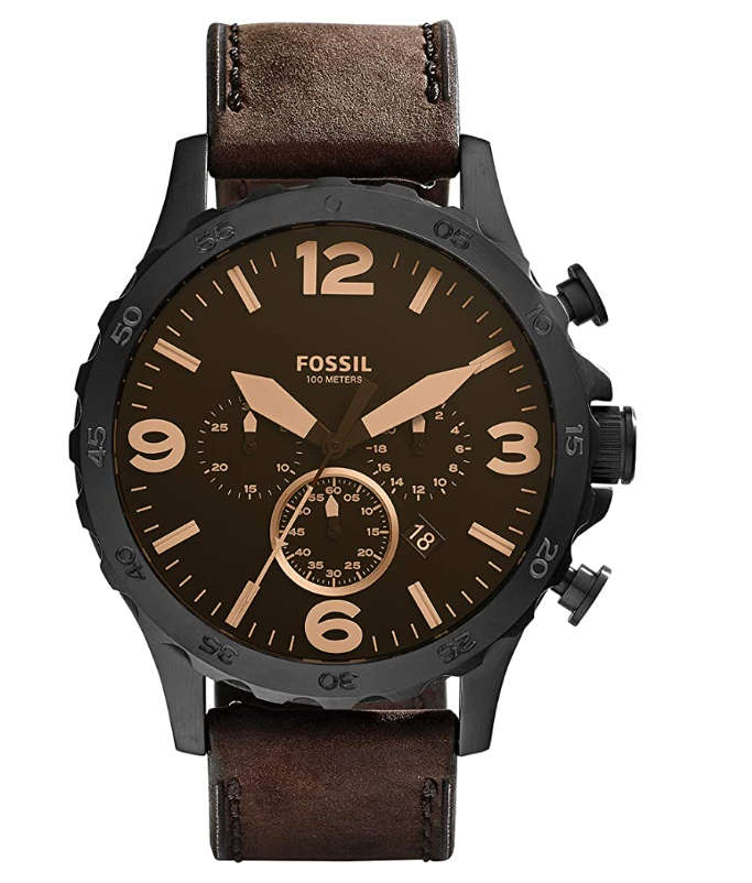 Fossil Men`s Nate Quartz Stainless Steel and Leather Watch - Black/Brown