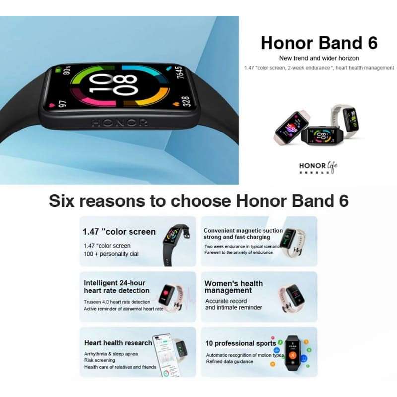 Honor Band 6 Smart Watch Wristband with Blood Oxygen Monitor - Black