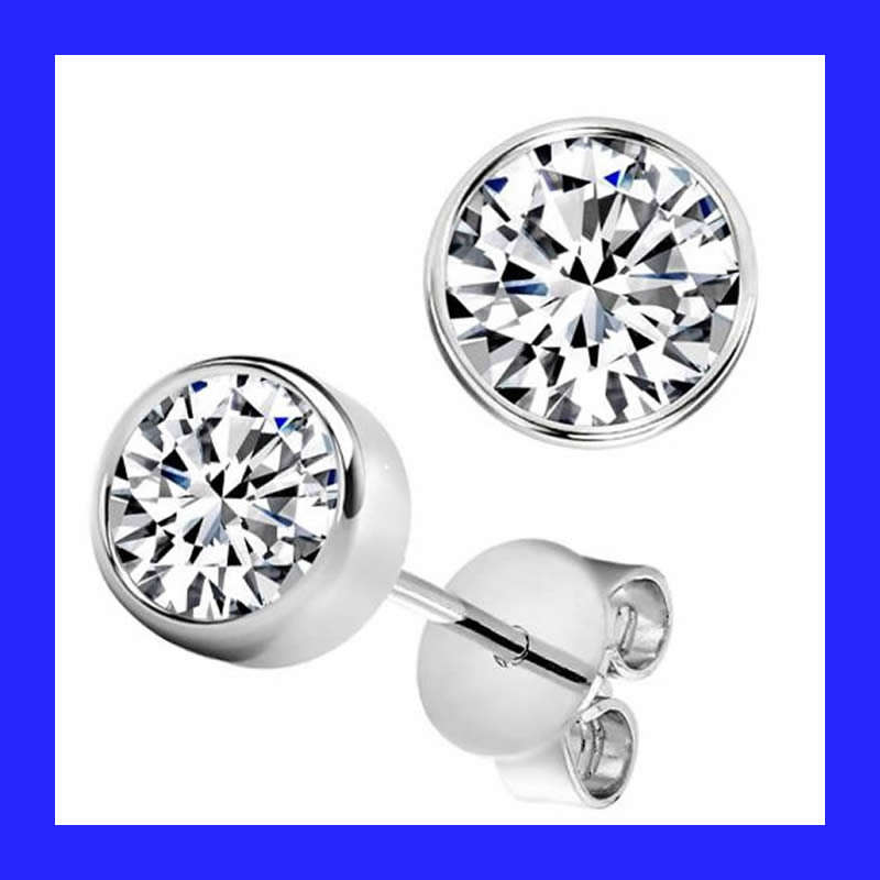 Round Bezel Set Cubic Zirconia Stud Earrings In Solid Sterling Silver