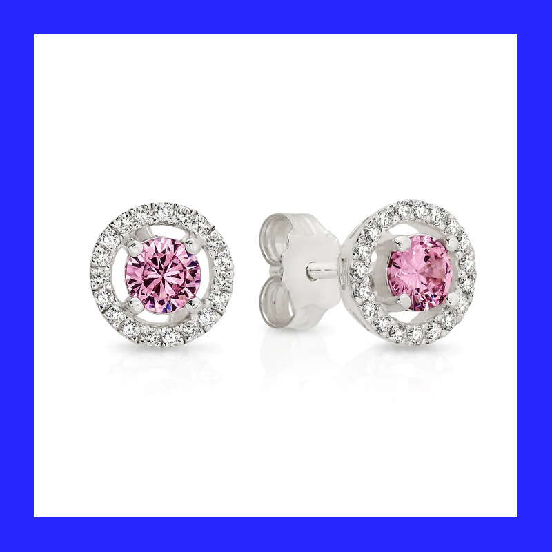 Cluster Halo Pink Ice Cubic Zirconia Stud Earrings In Solid Sterling Silver