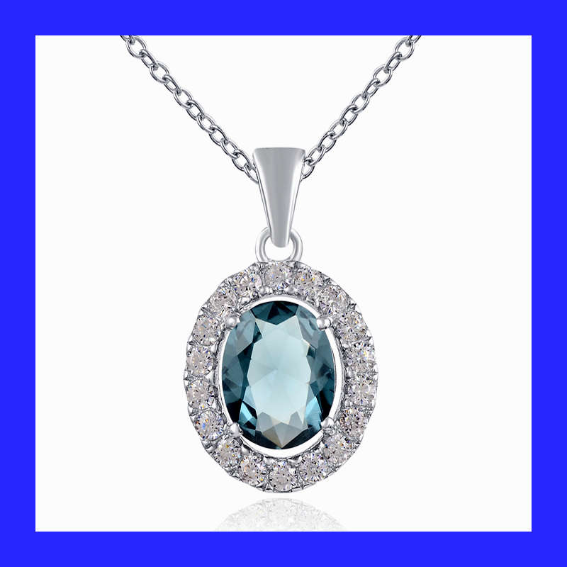 Cluster Halo Swiss Blue And Clear Cubic Zirconia Pendant In Solid Sterling Silver (No Chain)