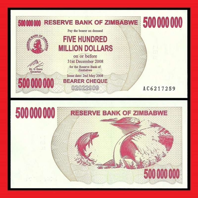 Zimbabwe 500 Million Dollar Bearer Cheque AC6217259