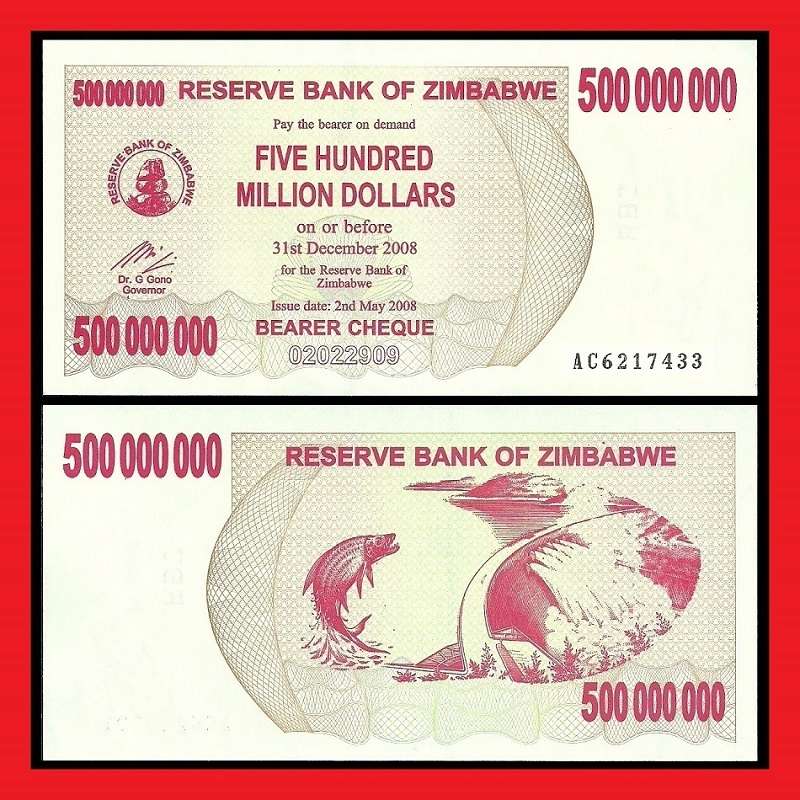 Zimbabwe 500 Million Dollar Bearer Cheque AC6217433