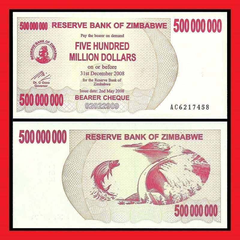 Zimbabwe 500 Million Dollar Bearer Cheque AC6217458