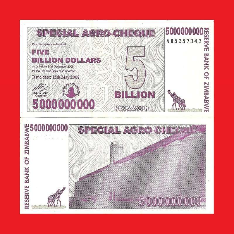 ZIMBABWE 5 Billion Dollar Special Agro-Cheque Serial AD5257342
