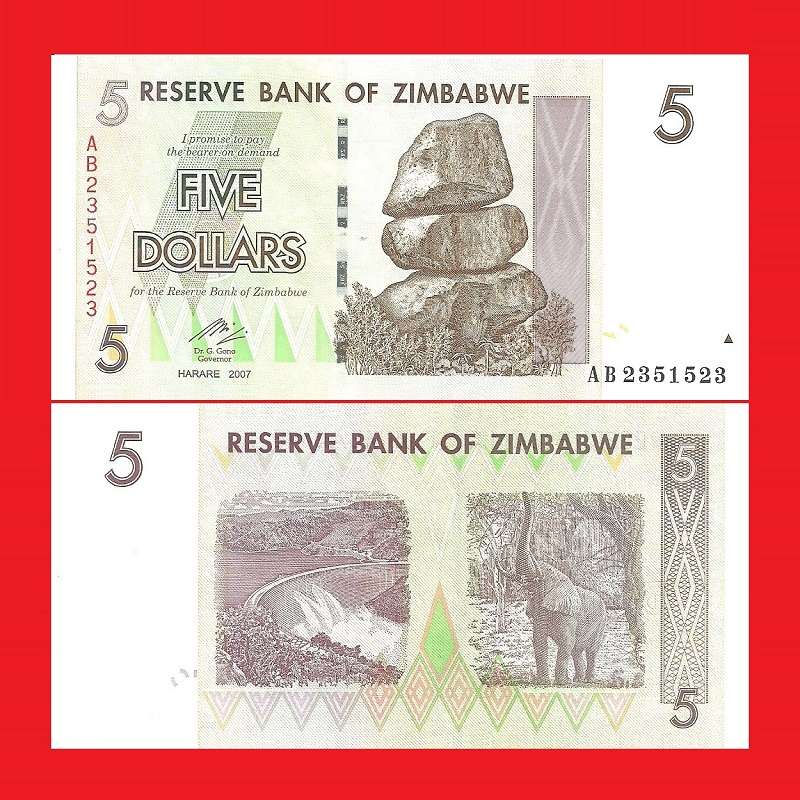 Zimbabwe 5 Dollar Banknote P66 Serial AB2351523