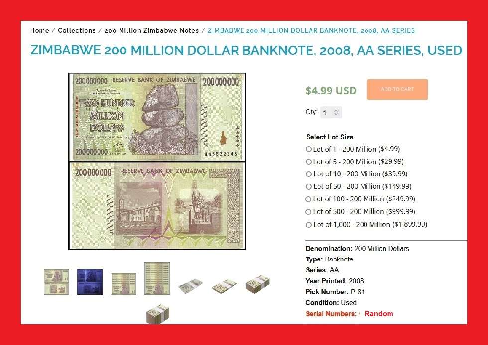 ZIMBABWE 200 Million Dollar Banknote Serial AA0119584 G