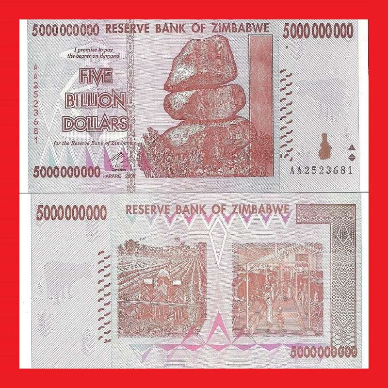 ZIMBABWE 5 Billion Dollar Banknote Serial AA2523681 AU