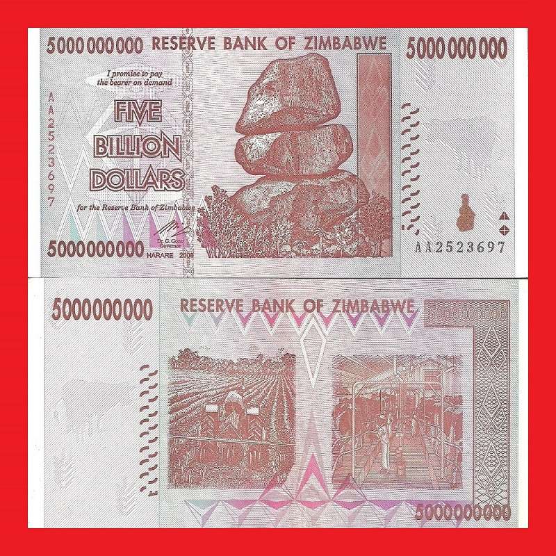 ZIMBABWE 5 Billion Dollar Banknote Serial AA2523697 AU