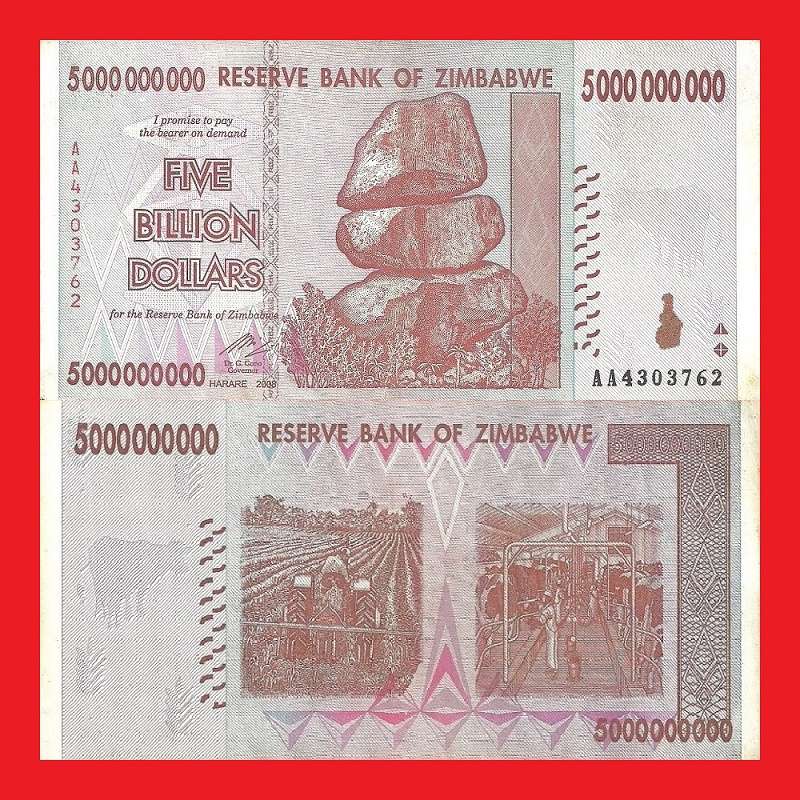Zimbabwe 5 Billion Dollar Banknote Serial AA4303762 VF