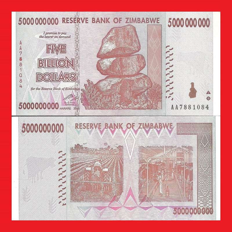 Zimbabwe 5 Billion Dollar Banknote Serial AA7881084 AU