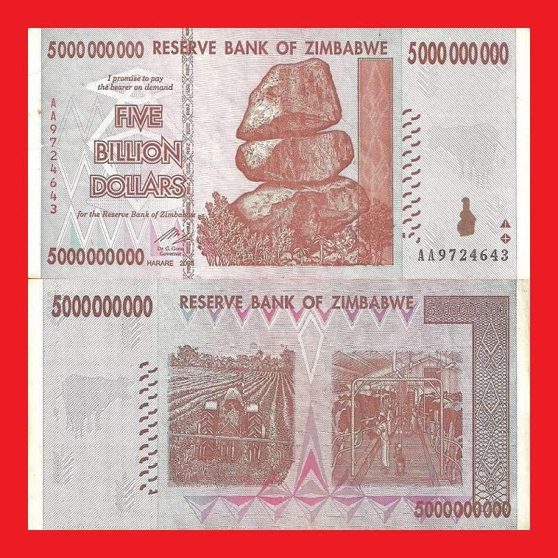 ZIMBABWE 5 Billion Dollar Banknote Serial AA9724643 VF