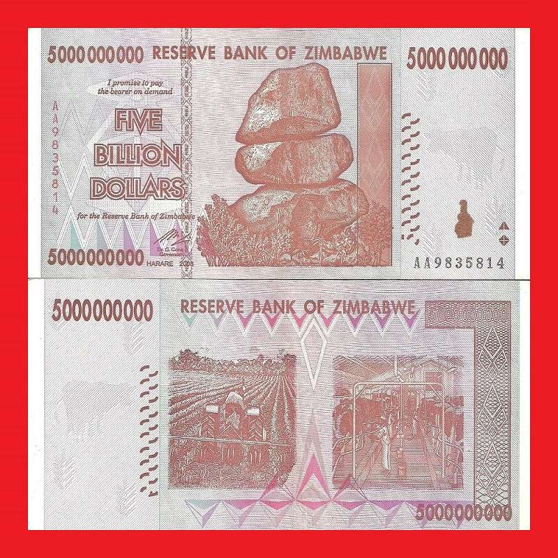 Zimbabwe 5 Billion Dollar Banknote Serial AA9835814 AU