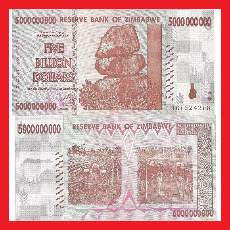 Zimbabwe 5 Billion Dollar Banknote Serial AB1324208 AU