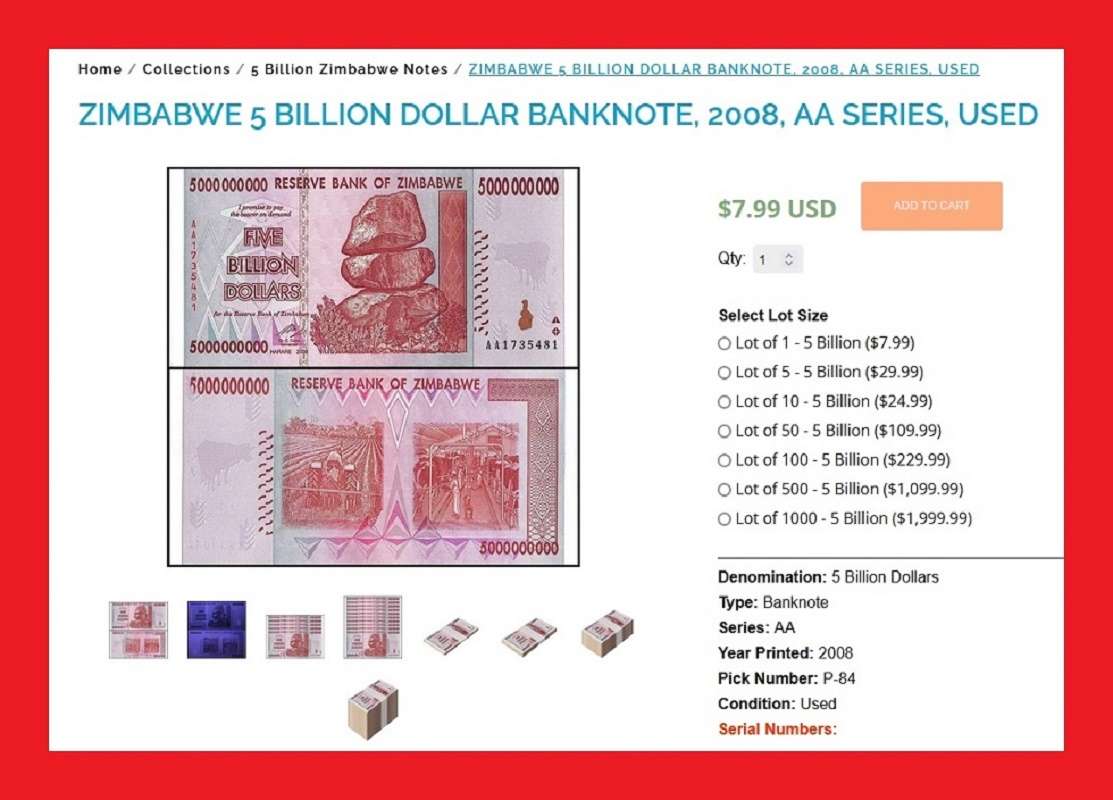 ZIMBABWE 5 Billion Dollar Banknote Serial AA9724643 VF