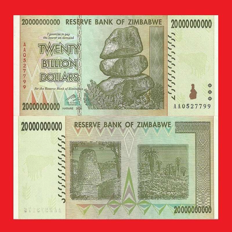 ZIMBABWE 20 Billion Dollar Banknote Serial AA0527799 AU