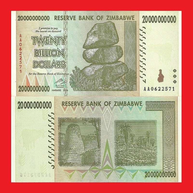 ZIMBABWE 20 Billion Dollar Banknote Serial AA0622571 AU