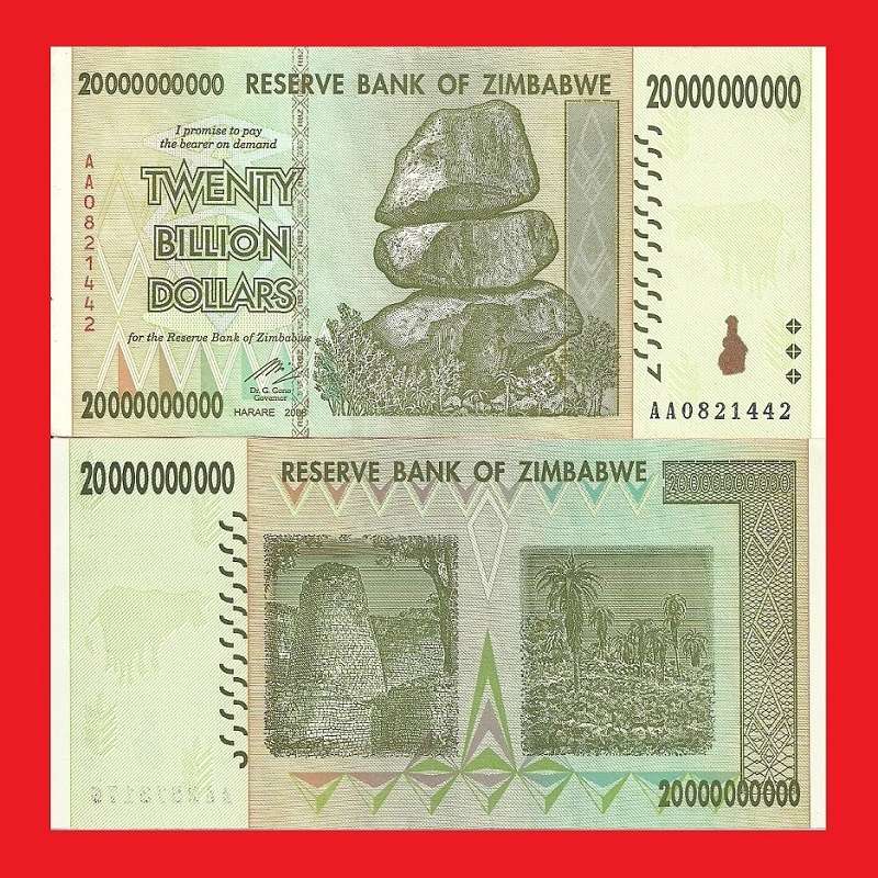 ZIMBABWE 20 Billion Dollar Banknote Serial AA0821442 AU