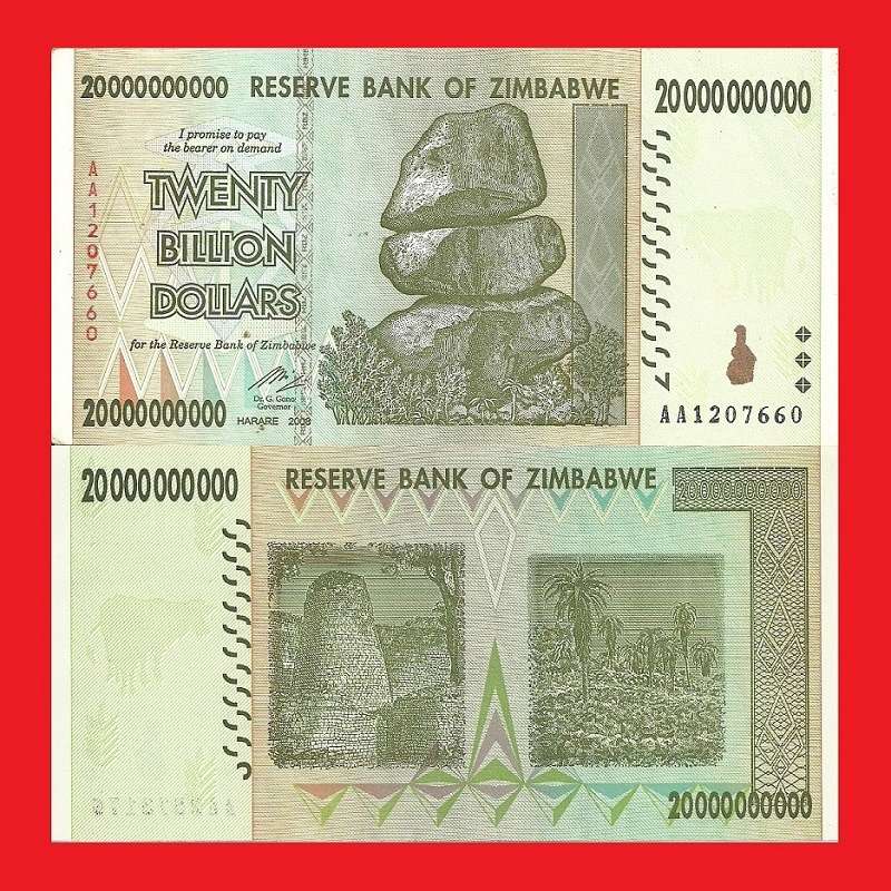 ZIMBABWE 20 Billion Dollar Banknotes Serial AA1207660 AU