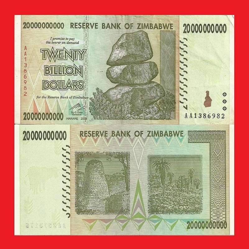 ZIMBABWE 20 Billion Dollar Banknote Serial AA1386982 VF