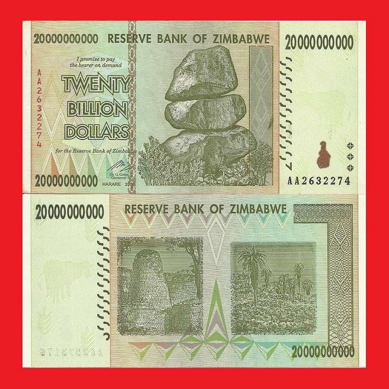 ZIMBABWE 20 Billion Dollar Banknote Serial AA2632274 XF