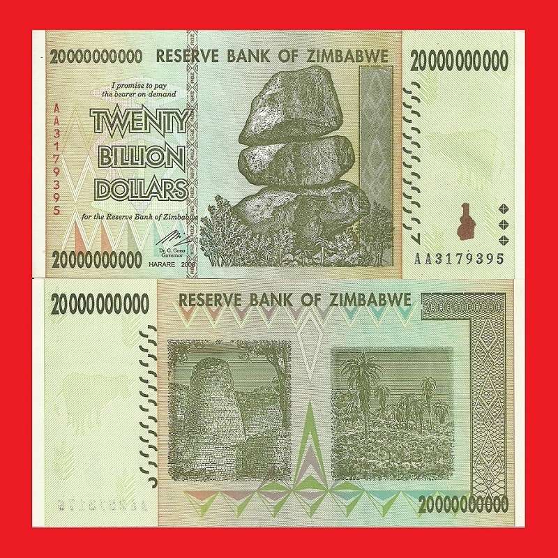 ZIMBABWE 20 Billion Dollar Banknote Serial AA3179395 AU
