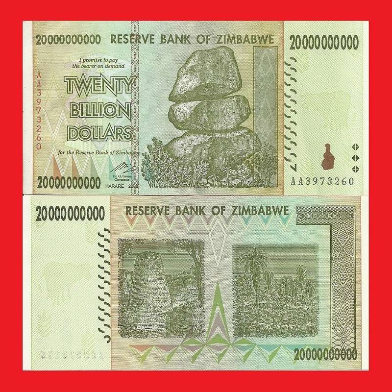 ZIMBABWE 20 Billion Dollar Banknote Serial AA3973260 XF