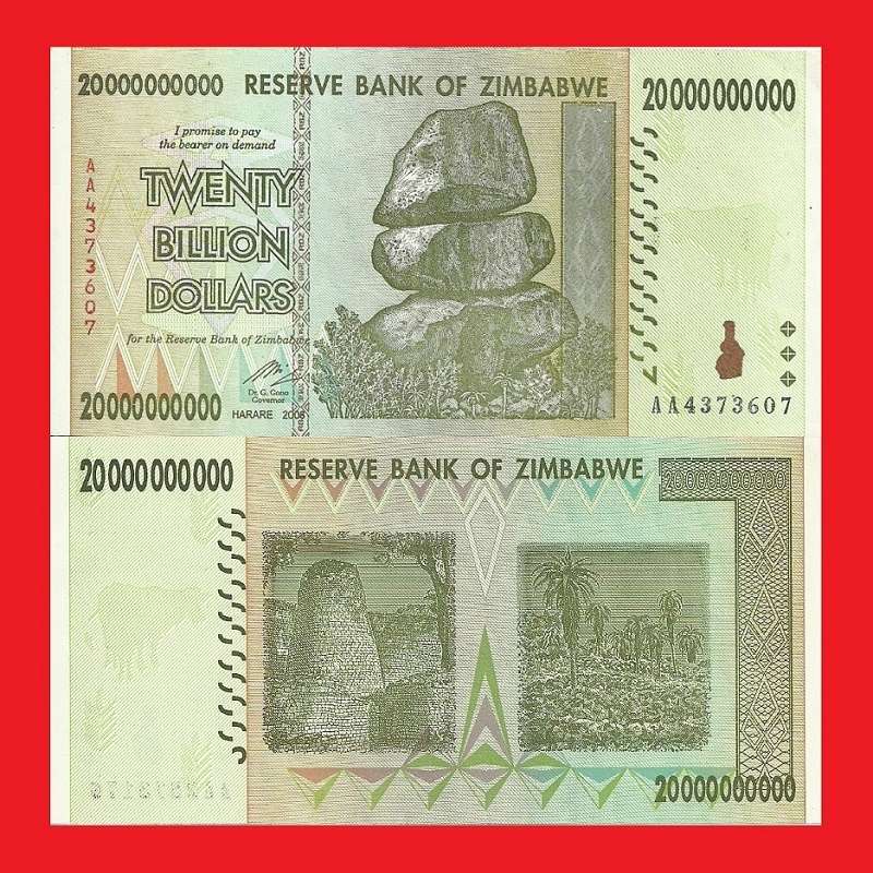 ZIMBABWE 20 Billion Dollar Banknote Serial AA4373607 AU