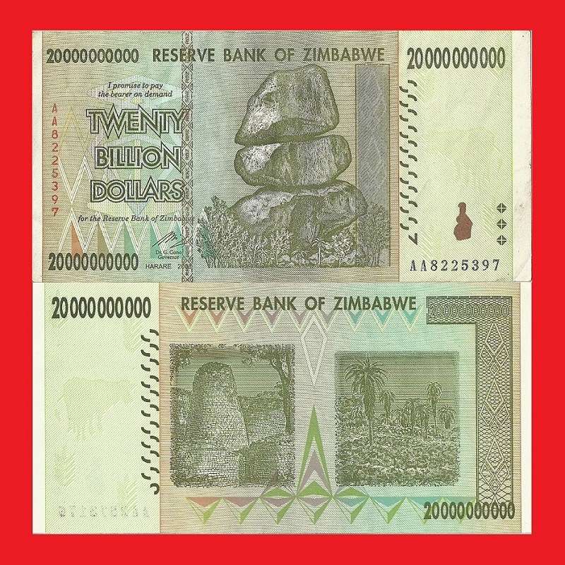 ZIMBABWE 20 Billion Dollar Banknote Serial AA8225397 XF
