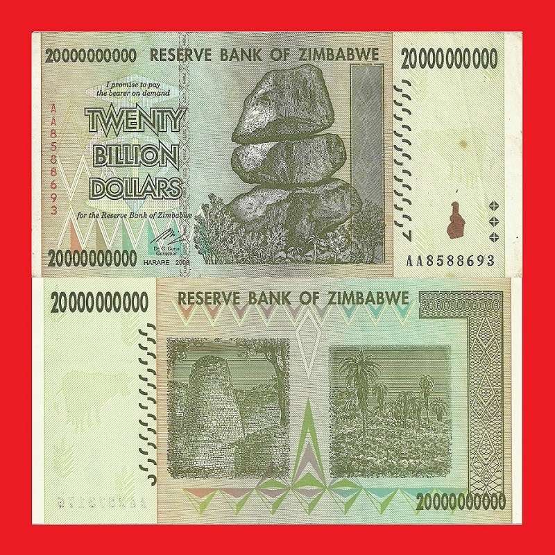 ZIMBABWE 20 Billion Dollar Banknote Serial AA8588693