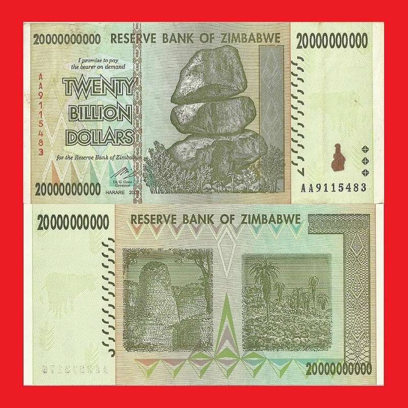 ZIMBABWE 20 Billion Dollar Banknote Serial AA9115483