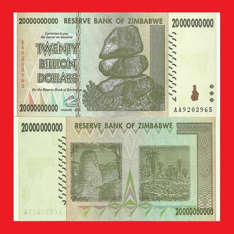 Zimbabwe 20 Billion Dollar Banknotes Serial AA9202965 AU