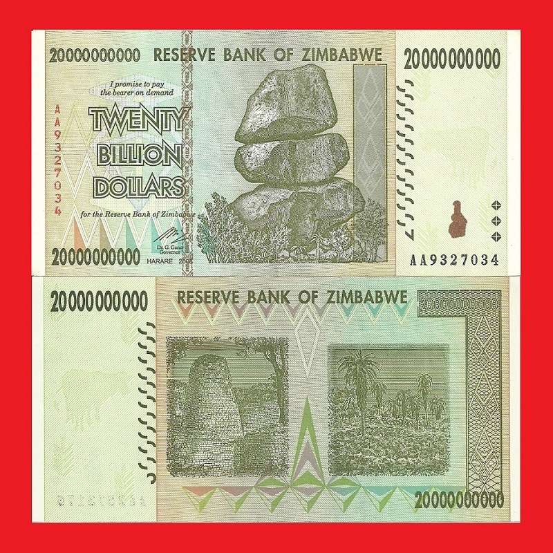 ZIMBABWE 20 Billion Dollar Banknote Serial AA9327034 AU