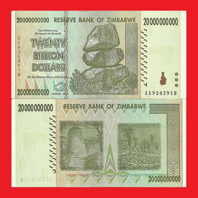 ZIMBABWE 20 Billion Dollar Banknote Serial AA9342918 AU