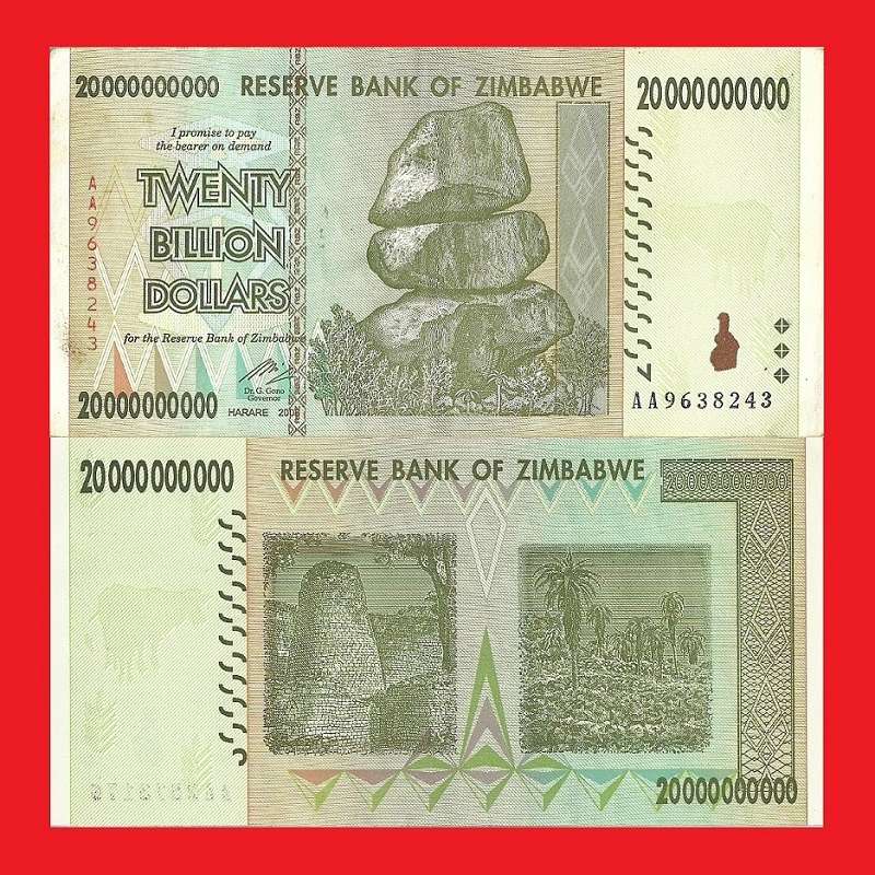 ZIMBABWE 20 Billion Dollar Banknote Serial AA9638243 XF