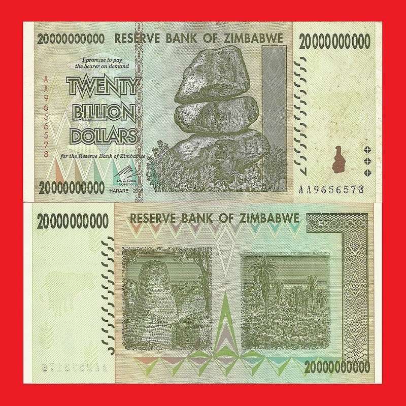 ZIMBABWE 20 Billion Dollar Banknote Serial AA9656578
