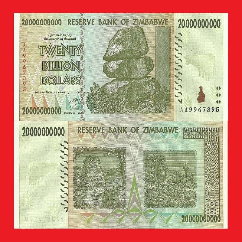 ZIMBABWE 20 Billion Dollar Banknotes Serial AA9967395 UNC