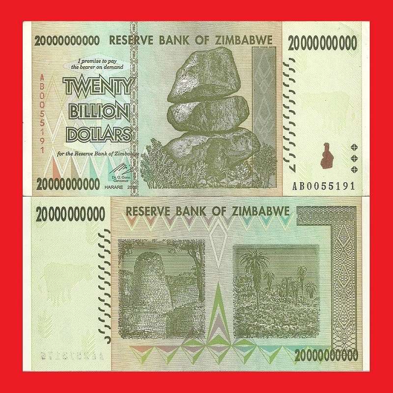 ZIMBABWE 20 Billion Dollar Banknote Serial AB0055191 XF