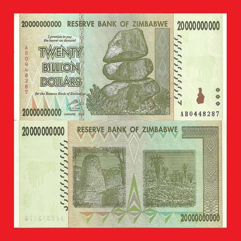 ZIMBABWE 20 Billion Dollar Banknote Serial AB0448287 XF
