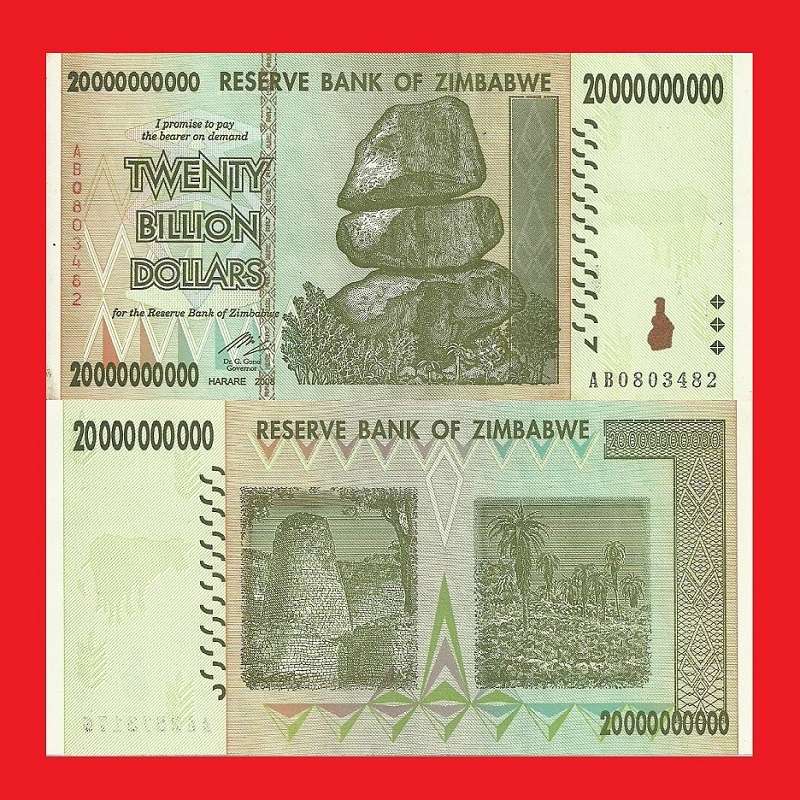 ZIMBABWE 20 Billion Dollar Banknote Serial AB0803482