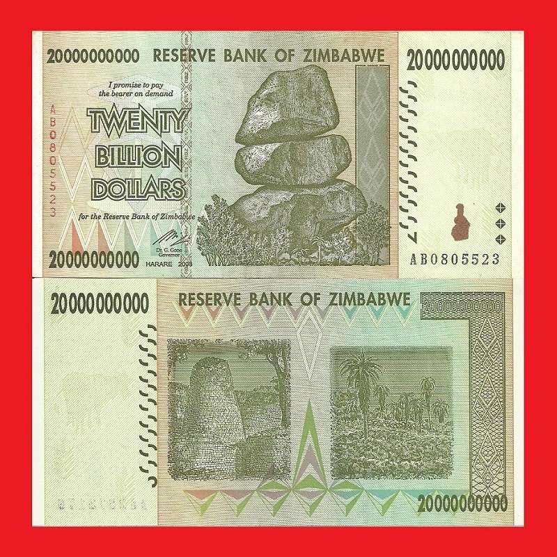 ZIMBABWE 20 Billion Dollar Banknote Serial AB0805523 VF