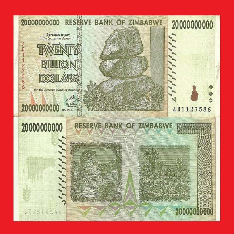 ZIMBABWE 20 Billion Dollar Banknote Serial AB1127586